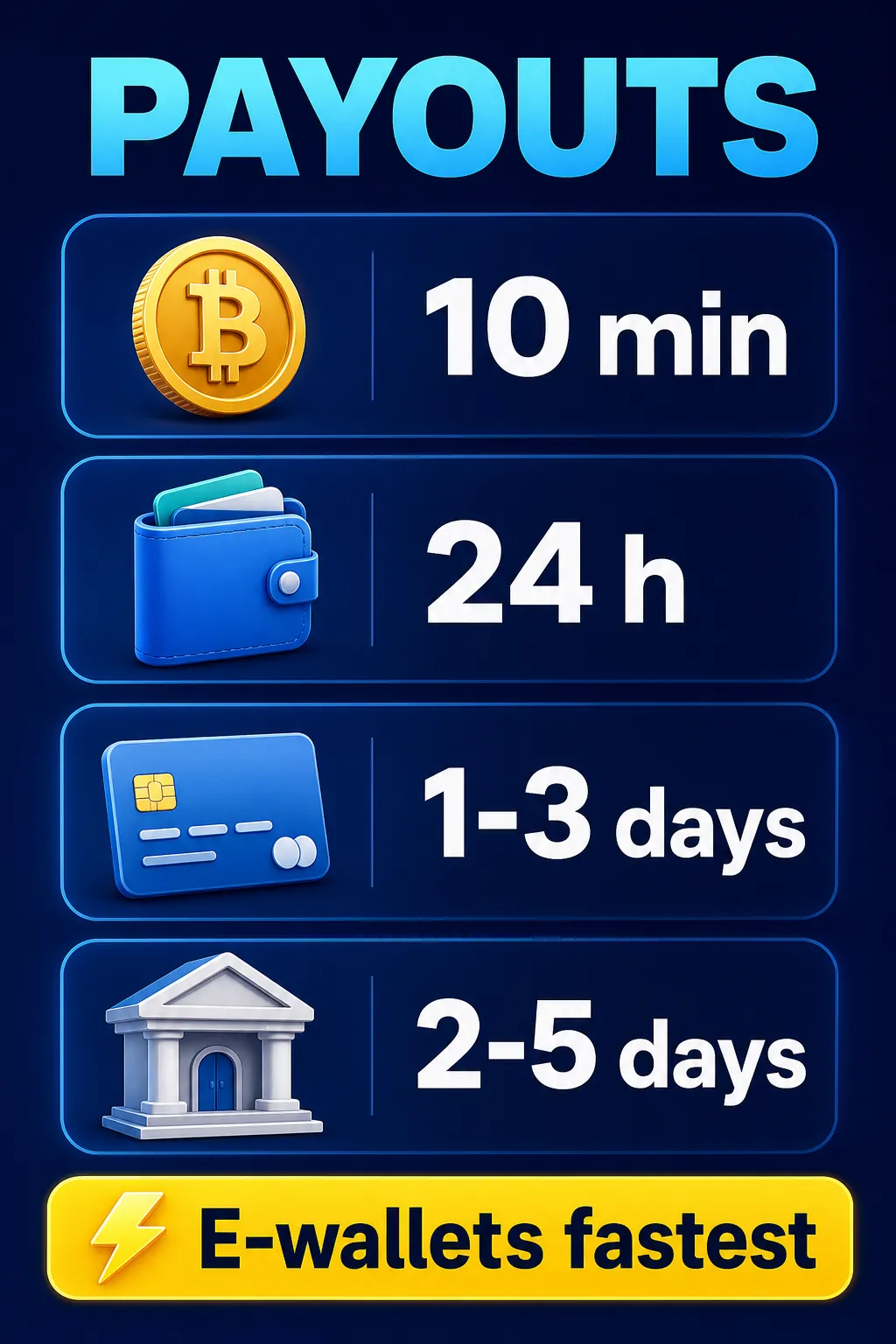 Infographic: payout speed ladder — crypto about 10 minutes, e-wallets under 24 hours, cards 1–3 days, bank 2–5 days