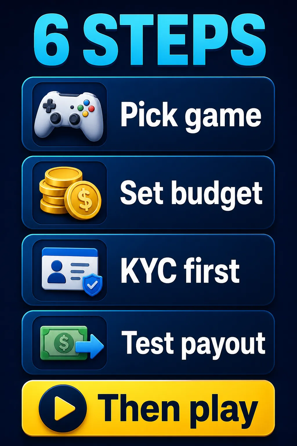 Infographic: choose in 6 steps — pick your game, set a budget, clear KYC first and test a payout