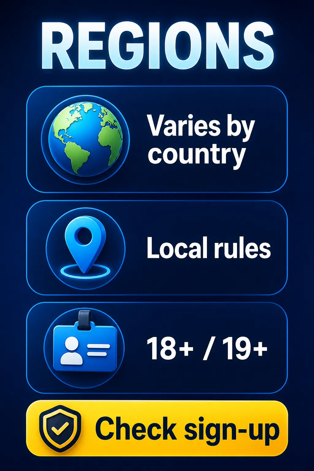 Infographic: availability varies by country — local rules and 18+/19+ age limits; the sign-up form is the test